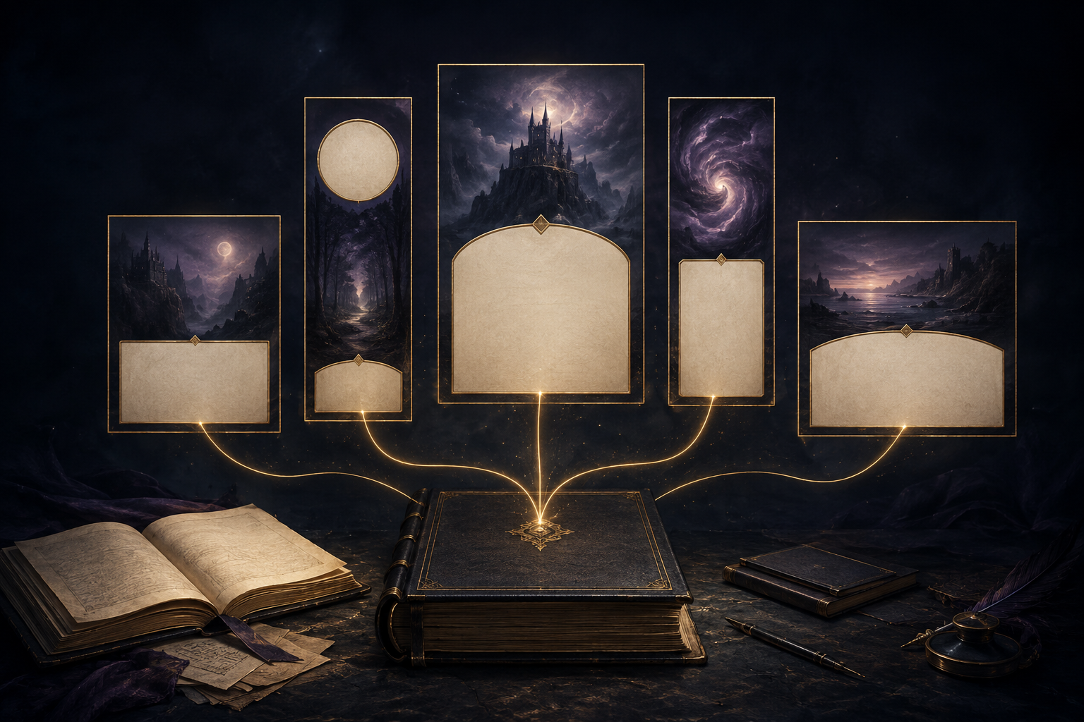 A dark manuscript connected by gold threads to five coordinated editorial content panels