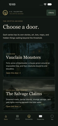 Actual Cryptid Universe App Store screenshot showing its Vauclain Monsters and Salvage Claims story-world choices.