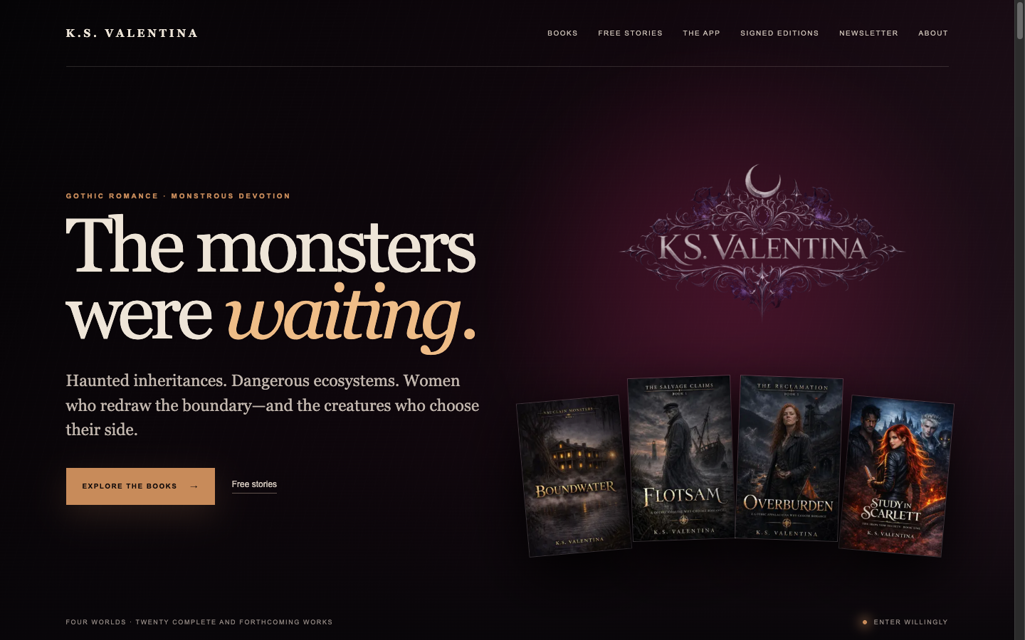 Actual K.S. Valentina website homepage, with its gothic branding, book covers, and links for readers.