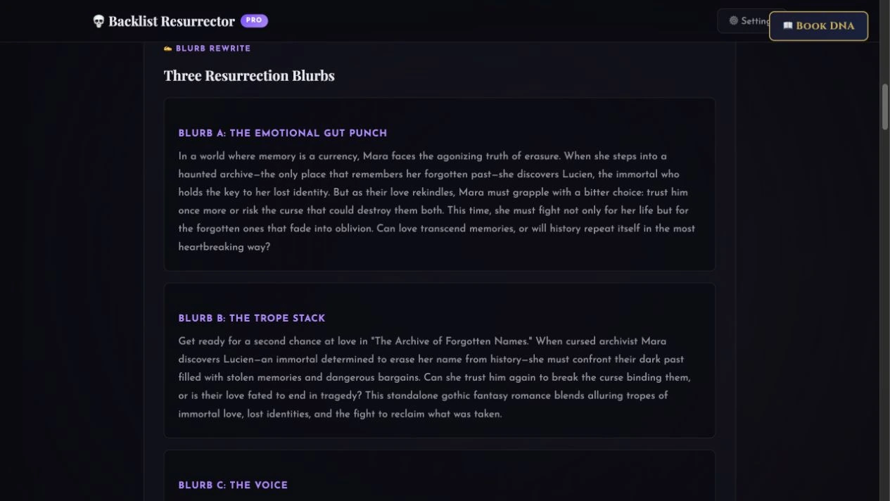 Backlist Resurrector Pro showing developed blurb versions for The Archive of Forgotten Names, a fictional demo.