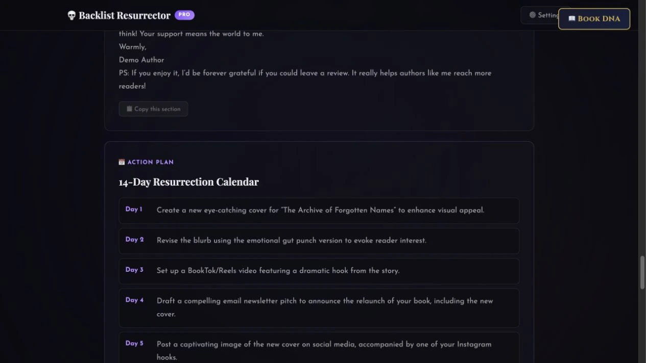 The beginning of an AI-generated 14-day book relaunch calendar.