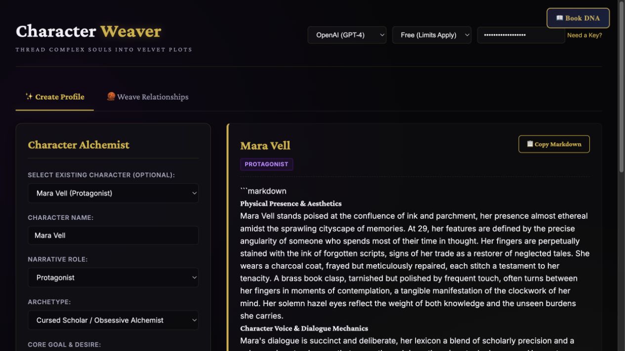 A generated character profile for Mara Vell, the fictional book restorer.