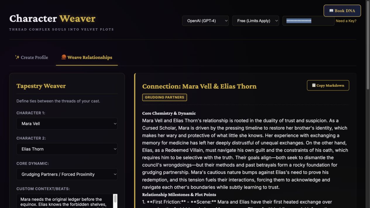 The example relationship between Mara and Elias inside Character Weaver.