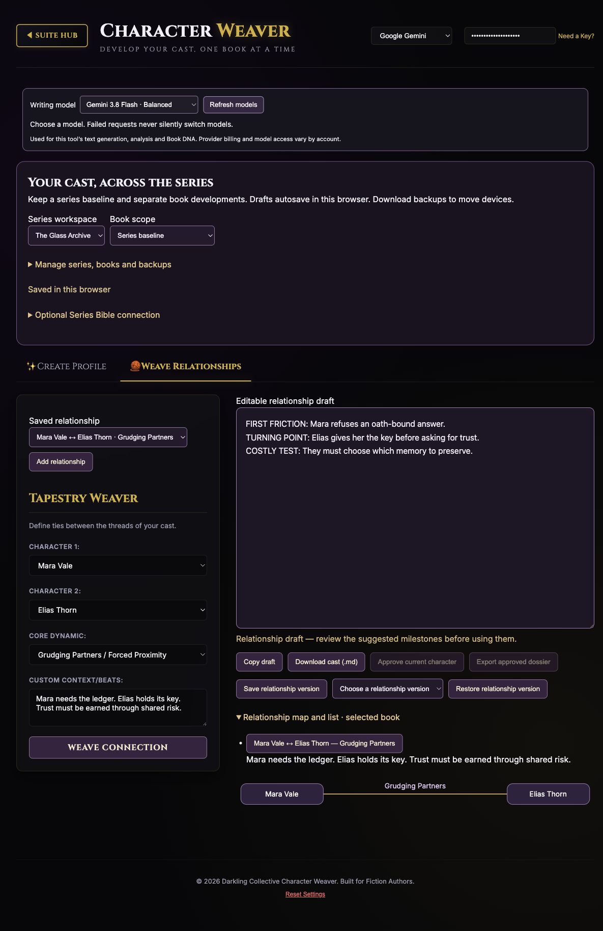 The refreshed workspace with an editable relationship, saved versions, and a map/list. Fictional, manually entered demonstration.