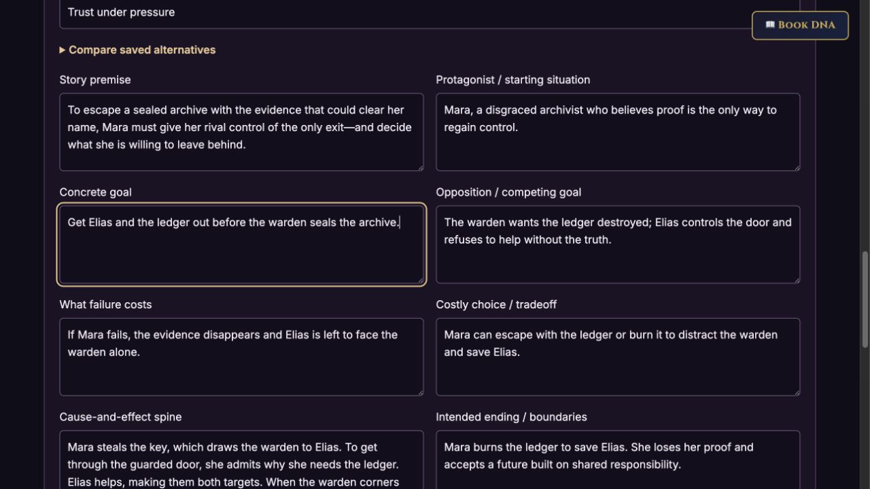 Editable goal, opposition, stakes and costly choice in PlotArchitect. Actual app capture; fictional example.