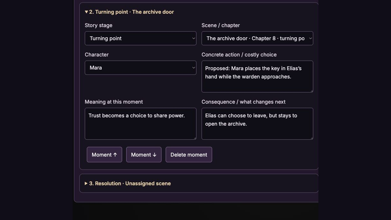 A concrete turning-point choice linked to a scene and character. Actual app capture; fictional example.